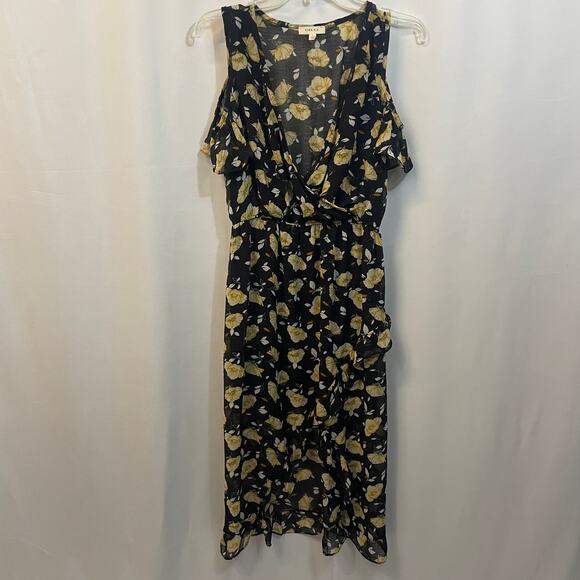 Gilli Black Yellow Floral High Low Cold Shoulder V-Neck Ruffles Dress Large - Picture 1 of 8